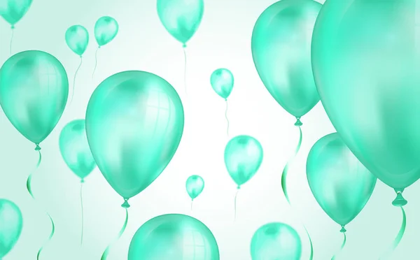 Glänzende teal color fliegende Heliumballons Hintergrund mit Unschärfeeffekt. Hochzeit, Geburtstag und Jubiläum Hintergrund. Vektor-Illustration für Einladungskarte, Parteibroschüre, Banner — Stockvektor