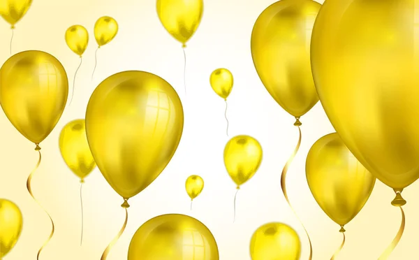 Goldglänzend fliegende Heliumballons mit Unschärfeeffekt. Hochzeit, Geburtstag und Jubiläum Hintergrund. Vektor-Illustration für Einladungskarte, Parteibroschüre, Banner — Stockvektor