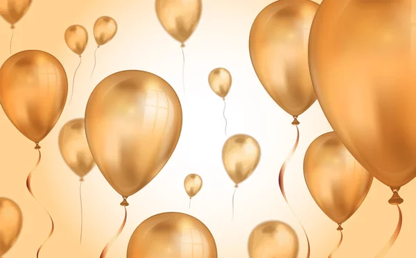 Glansigt guld flygande helium ballonger bakgrund med oskärpa effekt. Bröllops-, födelsedags-och jubileums bakgrund. Vektor illustration för inbjudningskort, Party broschyr, banner — Stock vektor