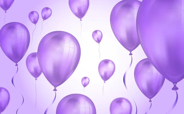 Glänzend lila Farbe fliegende Heliumballons Hintergrund mit Unschärfeeffekt. Hochzeit, Geburtstag und Jubiläum Hintergrund. Vektor-Illustration für Einladungskarte, Parteibroschüre, Banner — Stockvektor