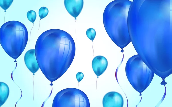Fényes, kék színű repülő hélium lufi hátteret elmosódott hatást. Esküvő, születésnap és évforduló háttér. A meghívókártya vektorképe, fél brossúra, banner — Stock Vector