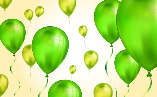 Bulanıklık etkisi ile parlak yeşil Uçan helyum Balonlar fon. Düğün, Doğum Günü ve Yıldönümü Arka Plan. Davet kartı, parti broşürü, afiş için vektör çizimi — Stok Vektör