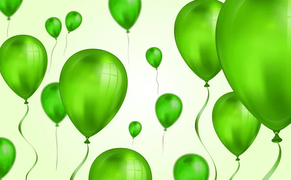 Verde brilhante Balões de hélio voador pano de fundo com efeito de borrão. Casamento, Aniversário e Aniversário. Ilustração vetorial para cartão de convite, folheto do partido, banner —  Vetores de Stock
