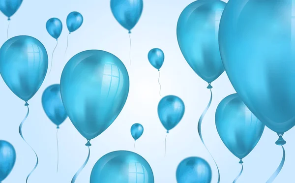 Ballons d'hélium volant de couleur bleu brillant en toile de fond avec effet flou. Mariage, anniversaire et fond d'anniversaire. Illustration vectorielle pour carte d'invitation, brochure de fête, bannière — Image vectorielle