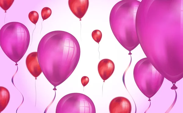 Glänsande rosa färg flygande helium ballonger bakgrund med oskärpa effekt. Bröllops-, födelsedags-och jubileums bakgrund. Vektor illustration för inbjudningskort, Party broschyr, banner — Stock vektor