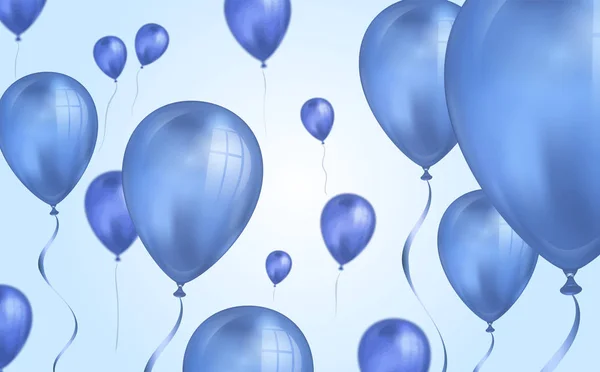 Glänzend blaue Farbe fliegende Heliumballons Hintergrund mit Unschärfeeffekt. Hochzeit, Geburtstag und Jubiläum Hintergrund. Vektor-Illustration für Einladungskarte, Parteibroschüre, Banner — Stockvektor