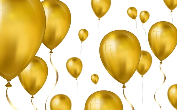Glanzende gouden vliegende helium ballonnen achtergrond met blur effect. Bruiloft, verjaardag en verjaardag achtergrond. Vector illustratie voor uitnodigingskaart, partij brochure, banner — Stockvector