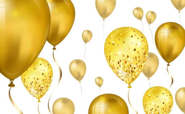 Ouro brilhante Balões de hélio voador pano de fundo com efeito de borrão. Casamento, Aniversário e Aniversário. Ilustração vetorial para cartão de convite, folheto do partido, banner —  Vetores de Stock