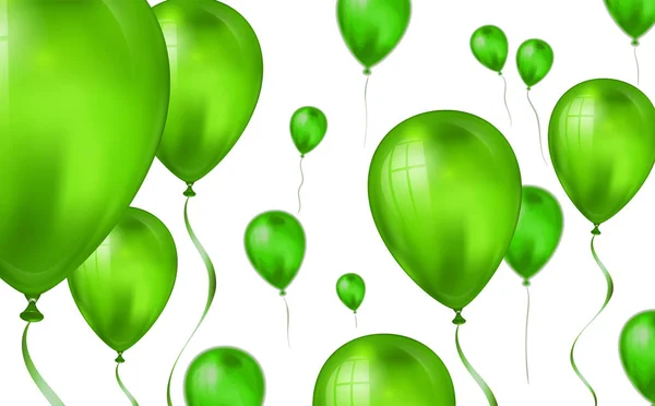 Glänzend grüne fliegende Heliumballons Hintergrund mit Unschärfeeffekt. Hochzeit, Geburtstag und Jubiläum Hintergrund. Vektor-Illustration für Einladungskarte, Parteibroschüre, Banner — Stockvektor