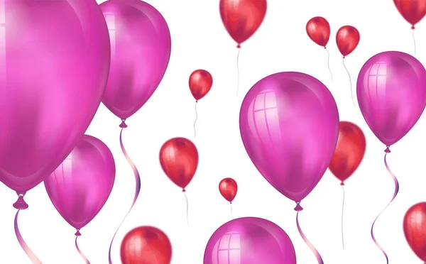 Glänsande rosa färg flygande helium ballonger bakgrund med oskärpa effekt. Bröllops-, födelsedags-och jubileums bakgrund. Vektor illustration för inbjudningskort, Party broschyr, banner — Stock vektor