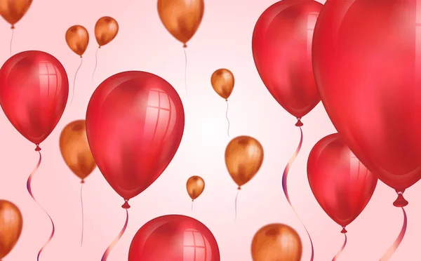 Fényes, piros színű repülő hélium léggömbök hátteret elmosódott hatást. Esküvő, születésnap és évforduló háttér. A meghívókártya vektorképe, fél brossúra, banner — Stock Vector