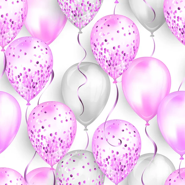 Bezešvý model vyrobený z lesklých realistických 3D heliových balónků pro váš design. Lesklé balónky s třpytem a stuhou, perfektní dekorace pro brožury o narozeninách, pozvánky na oslavu narození dítěte nebo pro dětskou sprchu — Stockový vektor