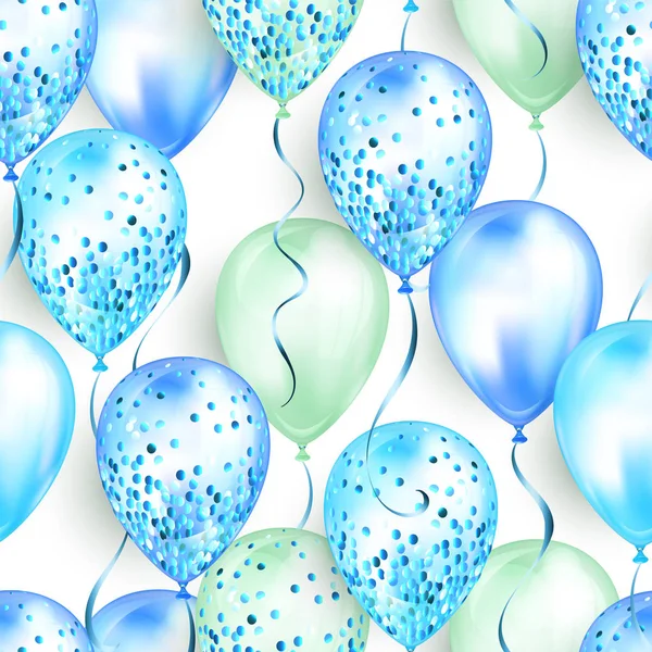 Padrão sem costura feito de balões de hélio 3D realistas brilhantes para o seu projeto. Balões brilhantes com brilho e fita, decoração perfeita para folhetos de festa de aniversário, cartão de convite ou chá de bebê —  Vetores de Stock