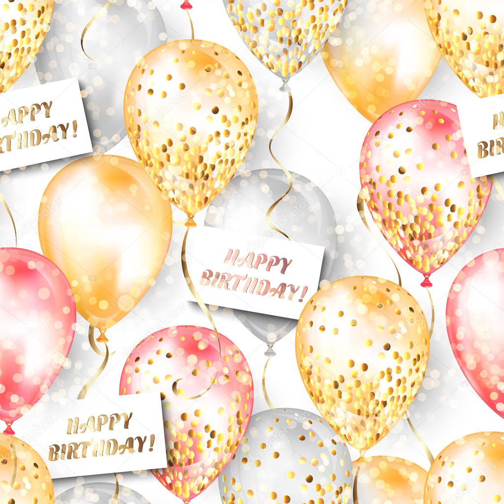 Seamless pattern made of shiny realistic 3D helium balloons for your design. Glossy balloons with glitter and ribbon, perfect decoration for birthday party brochures, invitation card or baby shower