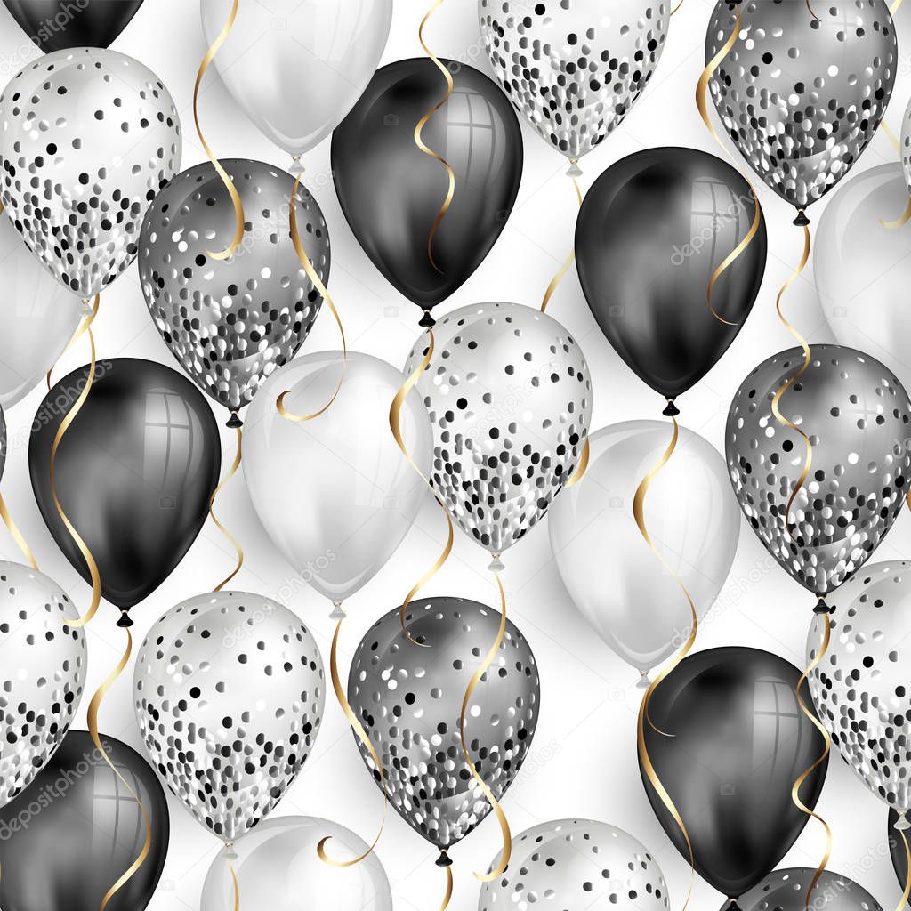 Fantasia senza cuciture lucido bianco e nero lucido realistico 3D palloncini  di elio con glitter e nastro d'oro, decorazione perfetta per brochure festa  di compleanno, biglietto d'invito o baby shower - Vettoriale