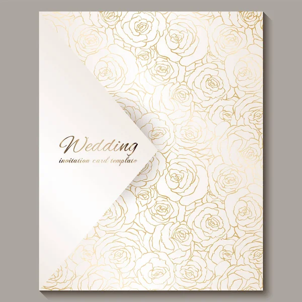 Convite de casamento vintage de ouro de luxo, fundo floral com lugar para texto, folhagem rendada feita de rosas com gradiente brilhante dourado. ornamentos papel de parede vitoriano, modelo de estilo barroco para design —  Vetores de Stock