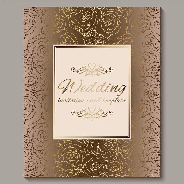 Convite de casamento vintage de ouro de luxo, fundo floral com lugar para texto, folhagem rendada feita de rosas com gradiente brilhante dourado. ornamentos papel de parede vitoriano, modelo de estilo barroco para design —  Vetores de Stock