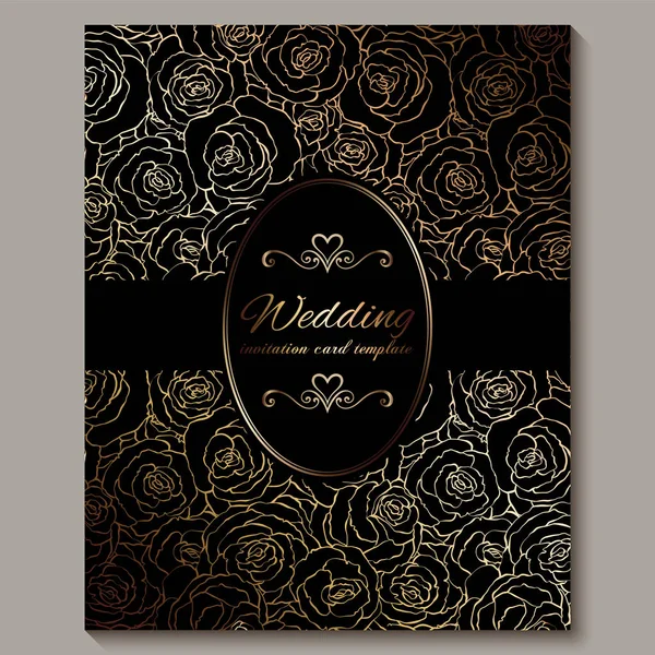 Convite de casamento vintage de ouro de luxo, fundo floral com lugar para texto, folhagem rendada feita de rosas com gradiente brilhante dourado. ornamentos papel de parede vitoriano, modelo de estilo barroco para design — Vetor de Stock