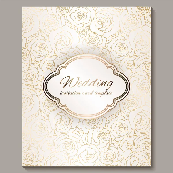 Πολυτέλεια χρυσό vintage πρόσκληση γάμου, floral φόντο με μέρος για το κείμενο, δαντελένια φύλλωμα φτιαγμένο από τριαντάφυλλα με χρυσή γυαλιστερή διαβάθμιση. Βικτοριανό στολίδια ταπετσαρία, μπαρόκ πρότυπο στυλ για το σχεδιασμό — Διανυσματικό Αρχείο