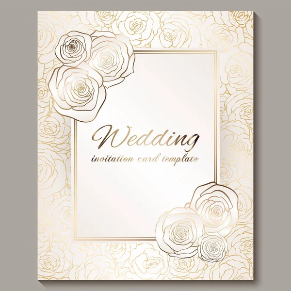 Convite de casamento vintage de ouro de luxo, fundo floral com lugar para texto, folhagem rendada feita de rosas com gradiente brilhante dourado. ornamentos papel de parede vitoriano, modelo de estilo barroco para design — Vetor de Stock