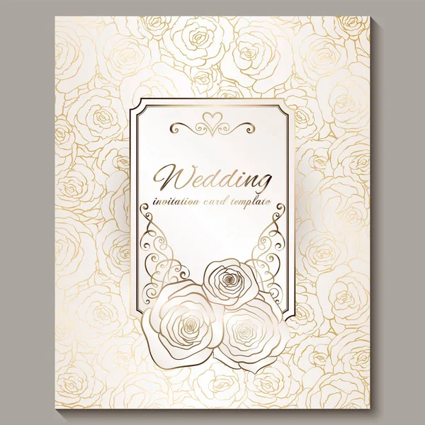 Luxury gold vintage wedding invitation, floral background with place for text, lacy foliage made of roses with golden shiny gradient. Victorian wallpaper ornaments, baroque style template for design — Stock Vector