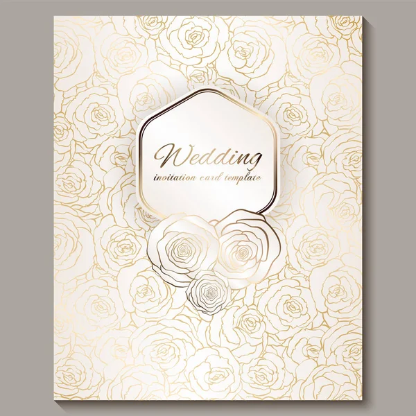 Invitación de boda vintage de oro de lujo, fondo floral con lugar para texto, follaje de encaje hecho de rosas con gradiente dorado brillante. Adornos victorianos de papel pintado, plantilla de estilo barroco para el diseño — Vector de stock