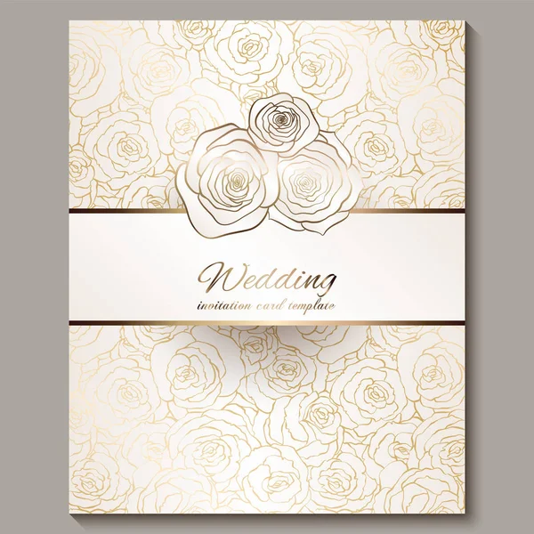 Convite de casamento vintage de ouro de luxo, fundo floral com lugar para texto, folhagem rendada feita de rosas com gradiente brilhante dourado. ornamentos papel de parede vitoriano, modelo de estilo barroco para design — Vetor de Stock