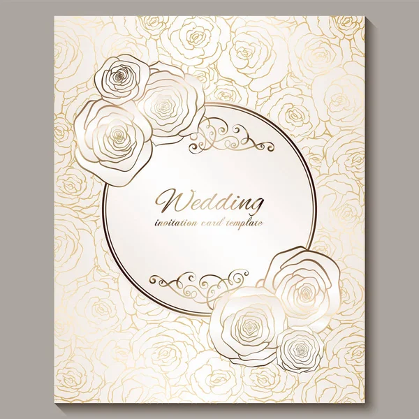 Convite de casamento vintage de ouro de luxo, fundo floral com lugar para texto, folhagem rendada feita de rosas com gradiente brilhante dourado. ornamentos papel de parede vitoriano, modelo de estilo barroco para design —  Vetores de Stock