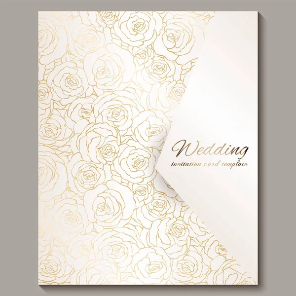 Luxury gold vintage wedding invitation, floral background with place for text, lacy foliage made of roses with golden shiny gradient. Victorian wallpaper ornaments, baroque style template for design — Stock Vector