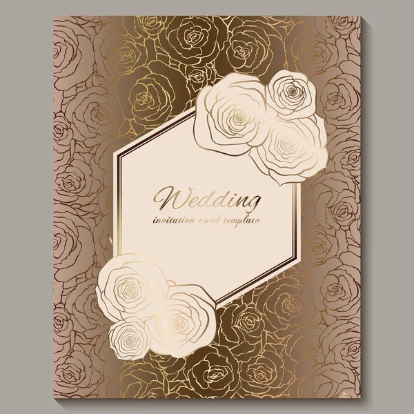 Invitación de boda vintage de oro de lujo, fondo floral con lugar para texto, follaje de encaje hecho de rosas con gradiente dorado brillante. Adornos victorianos de papel pintado, plantilla de estilo barroco para el diseño — Vector de stock