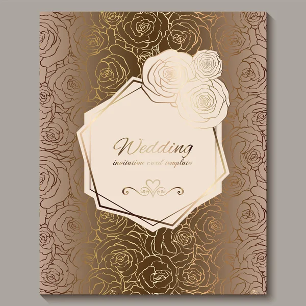 Luxury gold vintage wedding invitation, floral background with place for text, lacy foliage made of roses with golden shiny gradient. Victorian wallpaper ornaments, baroque style template for design — Stock Vector