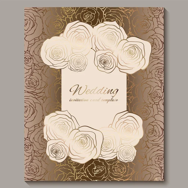 Convite de casamento vintage de ouro de luxo, fundo floral com lugar para texto, folhagem rendada feita de rosas com gradiente brilhante dourado. ornamentos papel de parede vitoriano, modelo de estilo barroco para design —  Vetores de Stock