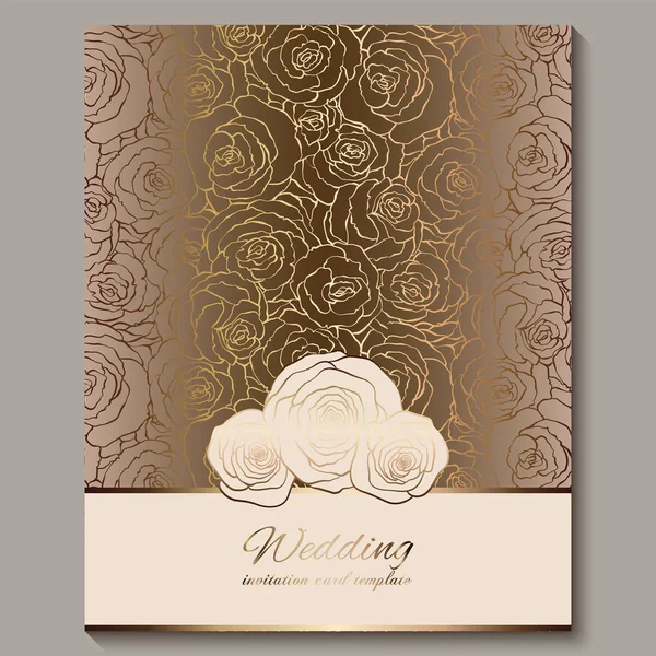 Πολυτέλεια χρυσό vintage πρόσκληση γάμου, floral φόντο με μέρος για το κείμενο, δαντελένια φύλλωμα φτιαγμένο από τριαντάφυλλα με χρυσή γυαλιστερή διαβάθμιση. Βικτοριανό στολίδια ταπετσαρία, μπαρόκ πρότυπο στυλ για το σχεδιασμό — Διανυσματικό Αρχείο