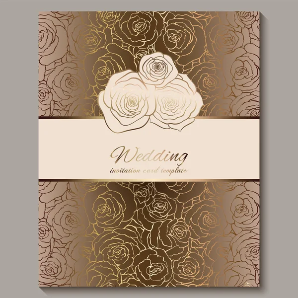 Luxury gold vintage wedding invitation, floral background with place for text, lacy foliage made of roses with golden shiny gradient. Victorian wallpaper ornaments, baroque style template for design — Stock Vector