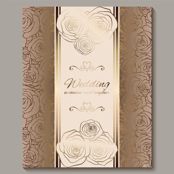Luxury gold vintage wedding invitation, floral background with place for text, lacy foliage made of roses with golden shiny gradient. Victorian wallpaper ornaments, baroque style template for design — Stock Vector