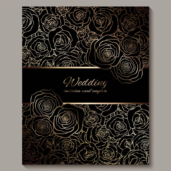 Convite de casamento vintage de ouro de luxo, fundo floral com lugar para texto, folhagem rendada feita de rosas com gradiente brilhante dourado. ornamentos papel de parede vitoriano, modelo de estilo barroco para design — Vetor de Stock