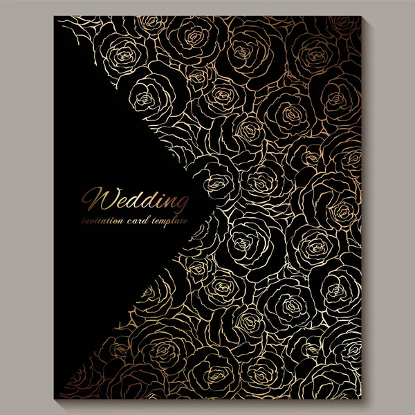 Convite de casamento vintage de ouro de luxo, fundo floral com lugar para texto, folhagem rendada feita de rosas com gradiente brilhante dourado. ornamentos papel de parede vitoriano, modelo de estilo barroco para design — Vetor de Stock