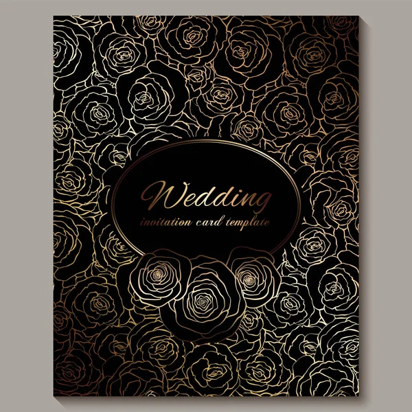 Invitación de boda vintage de oro de lujo, fondo floral con lugar para texto, follaje de encaje hecho de rosas con gradiente dorado brillante. Adornos victorianos de papel pintado, plantilla de estilo barroco para el diseño — Vector de stock