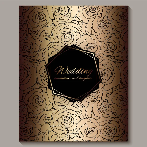 Convite de casamento vintage de ouro de luxo, fundo floral com lugar para texto, folhagem rendada feita de rosas com gradiente brilhante dourado. ornamentos papel de parede vitoriano, modelo de estilo barroco para design — Vetor de Stock