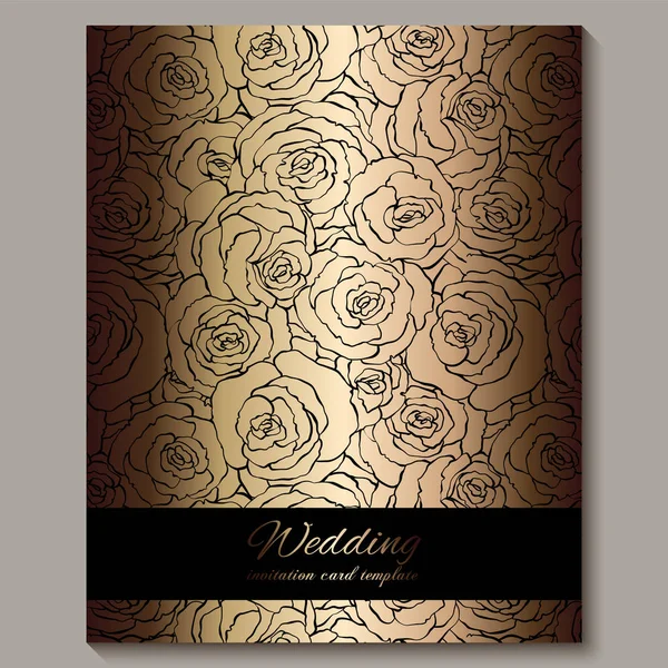 Convite de casamento vintage de ouro de luxo, fundo floral com lugar para texto, folhagem rendada feita de rosas com gradiente brilhante dourado. ornamentos papel de parede vitoriano, modelo de estilo barroco para design — Vetor de Stock