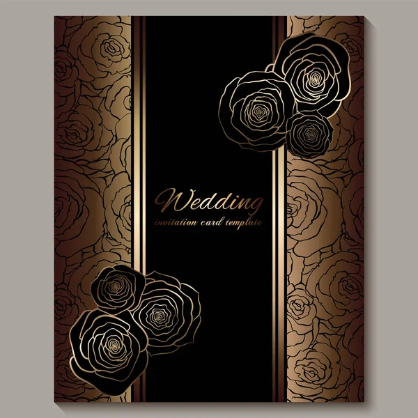 Convite de casamento vintage de ouro de luxo, fundo floral com lugar para texto, folhagem rendada feita de rosas com gradiente brilhante dourado. ornamentos papel de parede vitoriano, modelo de estilo barroco para design —  Vetores de Stock