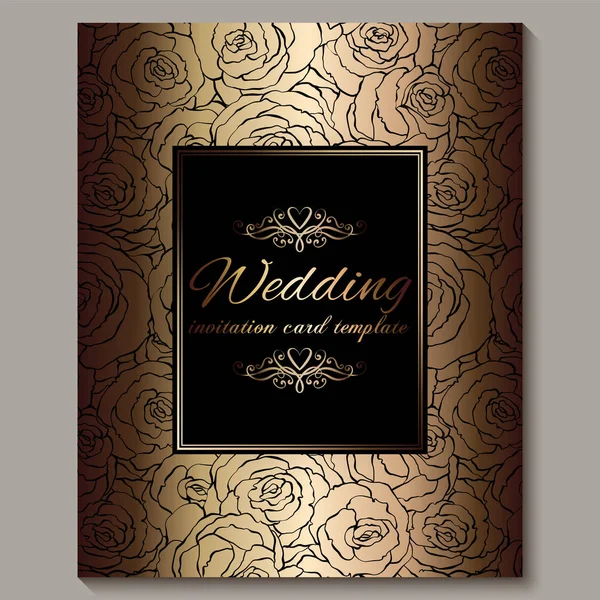 Lyx guld Vintage bröllop inbjudan, blommig bakgrund med plats för text, Lacy lövverk gjorda av rosor med gyllene glänsande lutning. Viktorianska tapeter ornament, barockstil mall för design — Stock vektor