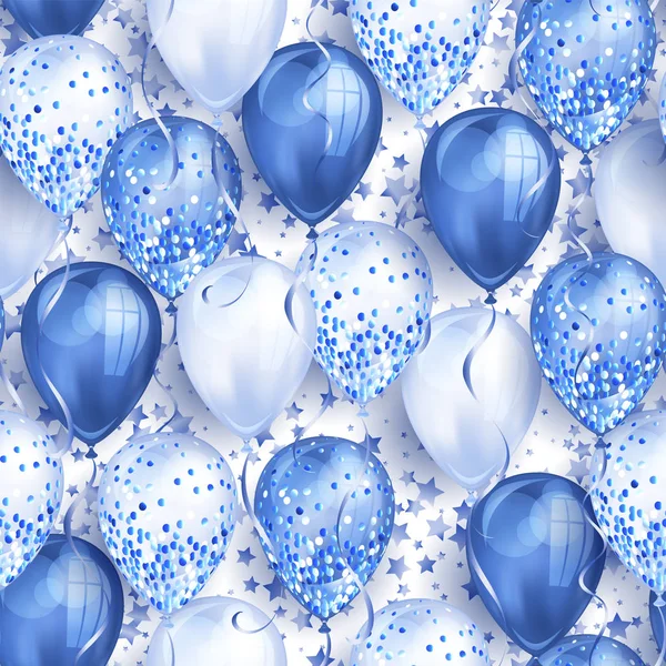 Nahtloses Muster mit Sternen und leuchtend blauen realistischen 3D-Heliumballons für Ihr Design. Hochglanz-Luftballons mit Glitzer und Schleife, perfekter Hintergrund für Broschüren zur Geburtstagsfeier, Einladungskarte — Stockvektor