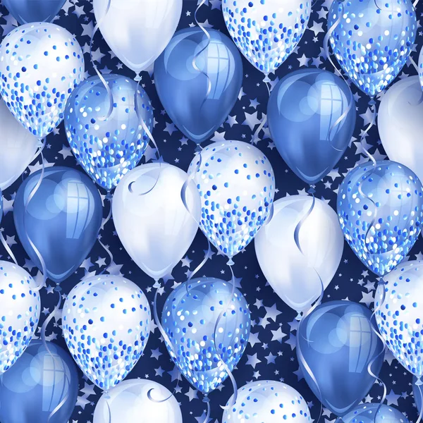 Nahtloses Muster mit Sternen und leuchtend blauen realistischen 3D-Heliumballons für Ihr Design. Hochglanz-Luftballons mit Glitzer und Schleife, perfekter Hintergrund für Broschüren zur Geburtstagsfeier, Einladungskarte — Stockvektor