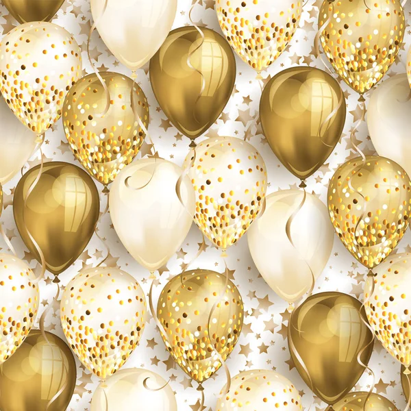 Bezszwowe wzór z gwiazdami i błyszczące złoto realistyczne balony 3D helu do projektu. Błyszczące balony z brokatem i wstążką, idealne tło dla broszur urodzinowych, karta zaproszenia — Wektor stockowy