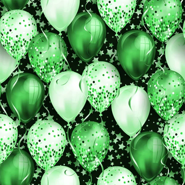 Nahtloses Muster mit Sternen und leuchtend grünen realistischen 3D-Heliumballons für Ihr Design. Hochglanz-Luftballons mit Glitzer und Schleife, perfekter Hintergrund für Broschüren zur Geburtstagsfeier, Einladungskarte — Stockvektor