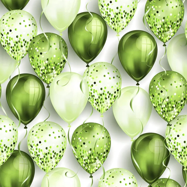 Padrão sem costura feito de verde brilhante balões de hélio 3D realistas para o seu projeto. Balões brilhantes com brilho e fita, decoração perfeita para folhetos de festa de aniversário, cartão de convite —  Vetores de Stock