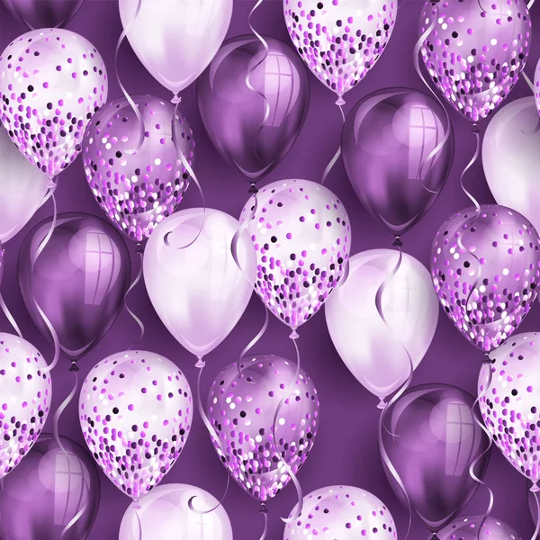 Sömlösa mönster gjorda av glänsande lila realistiska 3D helium ballonger för din design. Glansiga ballonger med glitter och band, perfekt dekoration för födelsedagskalas broschyrer, inbjudningskort — Stock vektor