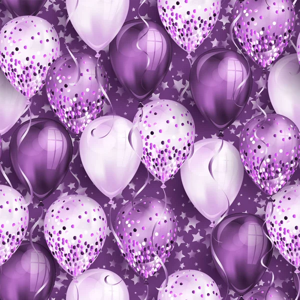 Απρόσκοπτη μοτίβο με αστέρια και λαμπερά μωβ ρεαλιστικά μπαλόνια 3D ηλίου για το σχέδιό σας. Γυαλιστερά μπαλόνια με λάμψη και κορδέλα, τέλειο φόντο για φυλλάδια πάρτι γενεθλίων, κάρτα πρόσκλησης — Διανυσματικό Αρχείο