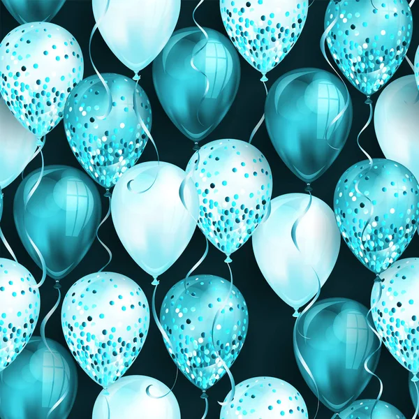 Nahtloses Muster aus leuchtend grünen realistischen 3D-Heliumballons für Ihr Design. Hochglanz-Luftballons mit Glitzer und Schleife, perfekte Dekoration für Geburtstagsprospekte, Einladungskarte — Stockvektor